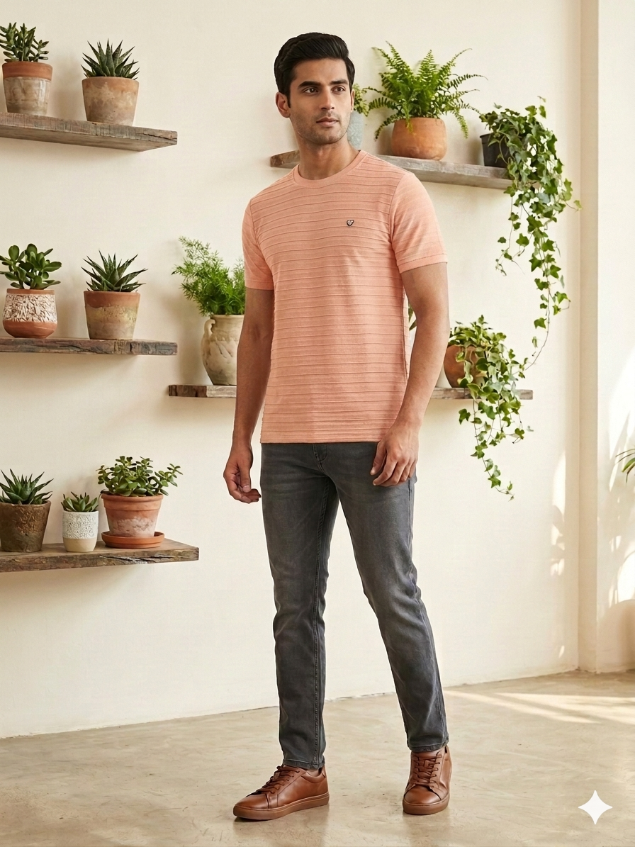 Men's Light Peach Horizontal Textured Crew Neck T-Shirt - Slim Fit Casual Wear