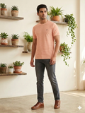 Men's Light Peach Horizontal Textured Crew Neck T-Shirt - Slim Fit Casual Wear