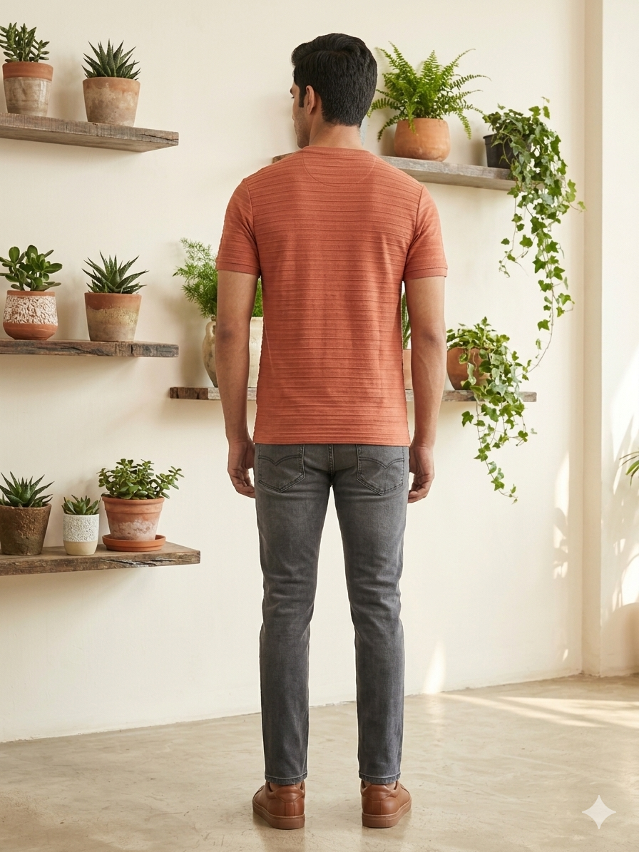 Men's Light Rust Orange Horizontal Textured Crew Neck T-Shirt - Slim Fit Casual Wear