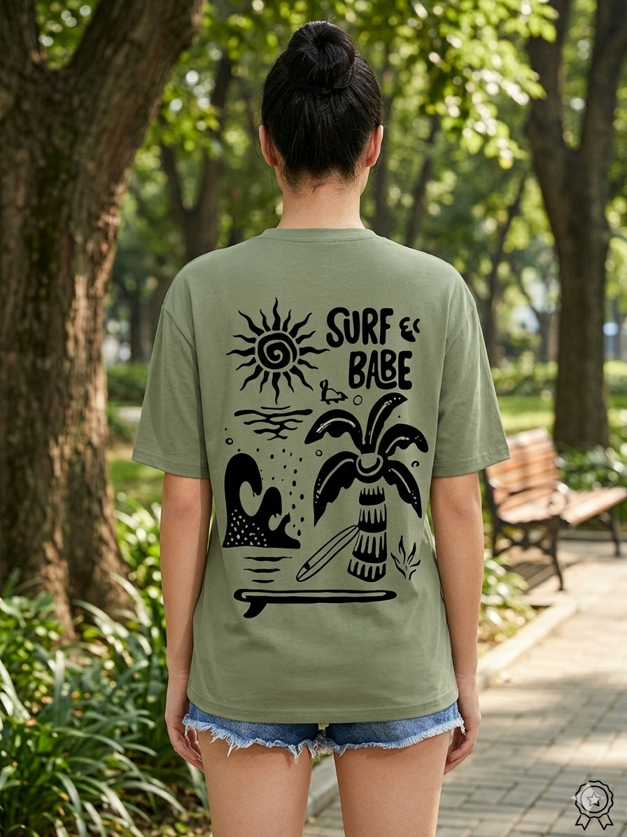 Women's Olive Green Oversized T-Shirt – Sun Front Graphic and "Surf Babe" Back Print Cotton Tee