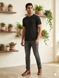 Men's Black Horizontal Textured Crew Neck T-Shirt - Slim Fit Casual Wear