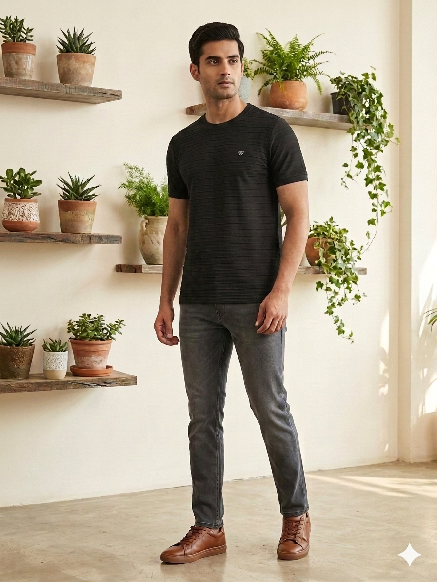 Men's Black Horizontal Textured Crew Neck T-Shirt - Slim Fit Casual Wear