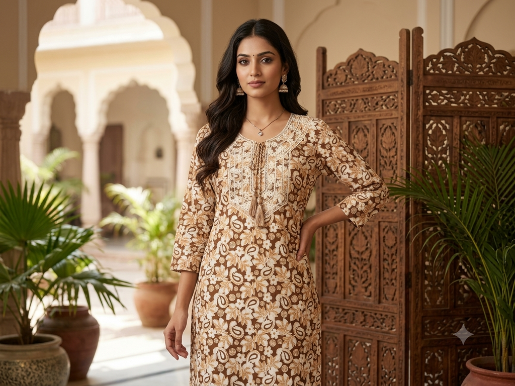 Women's Earthy Brown Cotton Short Kurti – Floral & Paisley Block Print Tunic Top with Embroidered Lace Neckline