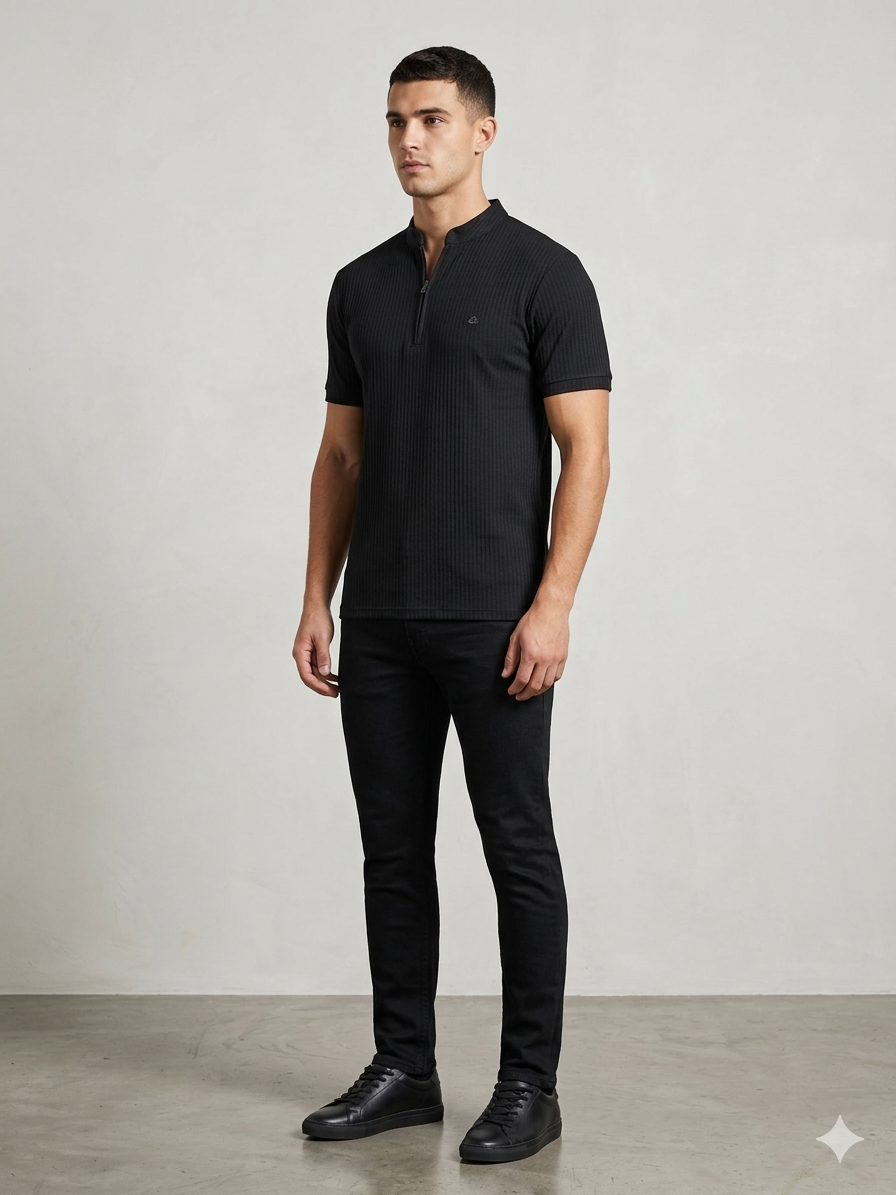 Men's Black Vertical Knit Mock-Neck Zip T-Shirt