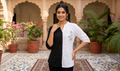 Women's Monochrome Color-Block Tunic Shirt – Black & White Half-and-Half Top with Silver Floral Sequined Patch Embroidery