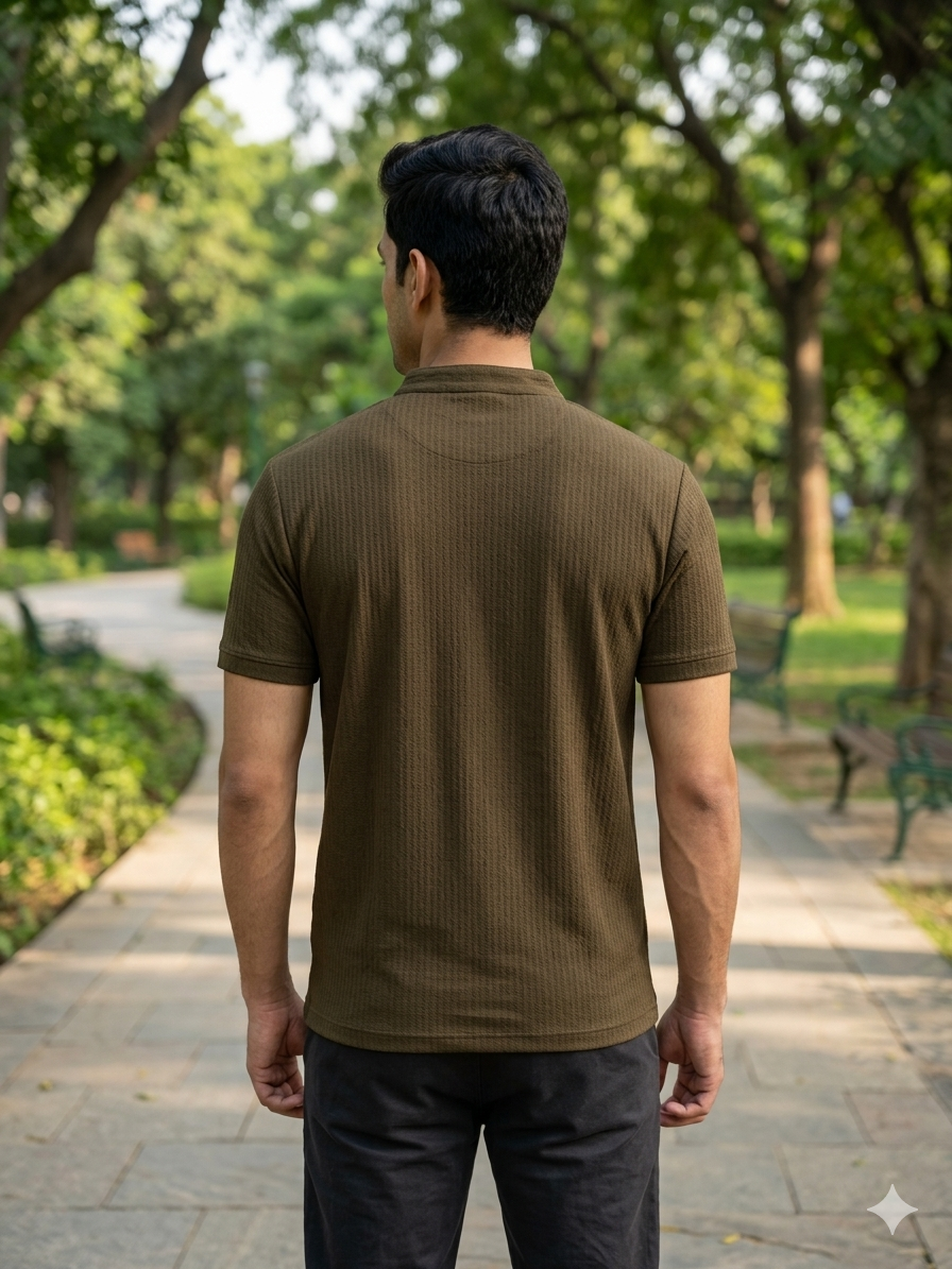 Men's Muted Olive  Vertical Textured Quarter-Zip T-Shirt – Slim Fit Casual Knit Tee