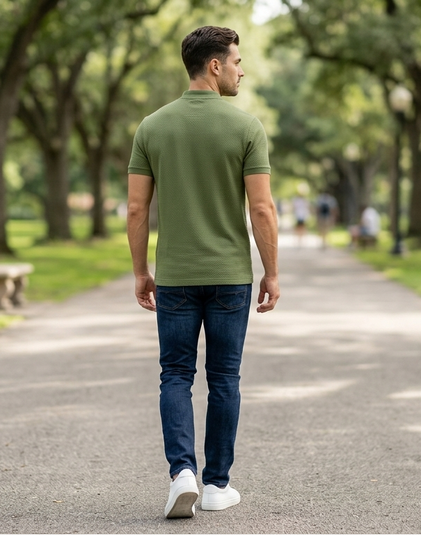 Premium Textured Zip-Neck Tee in Pistachio Green