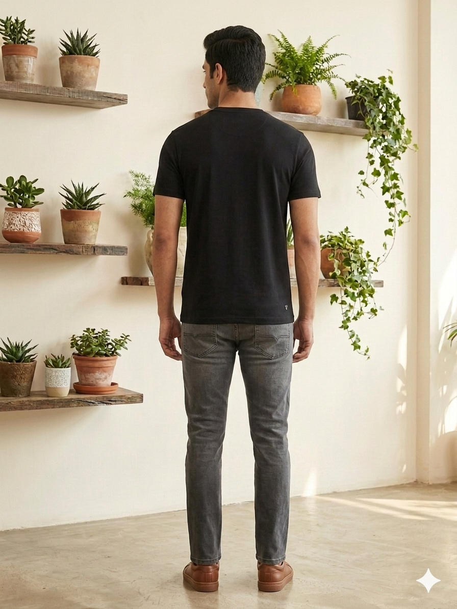 Men's Black Horizontal Textured Crew Neck T-Shirt - Slim Fit Casual Wear
