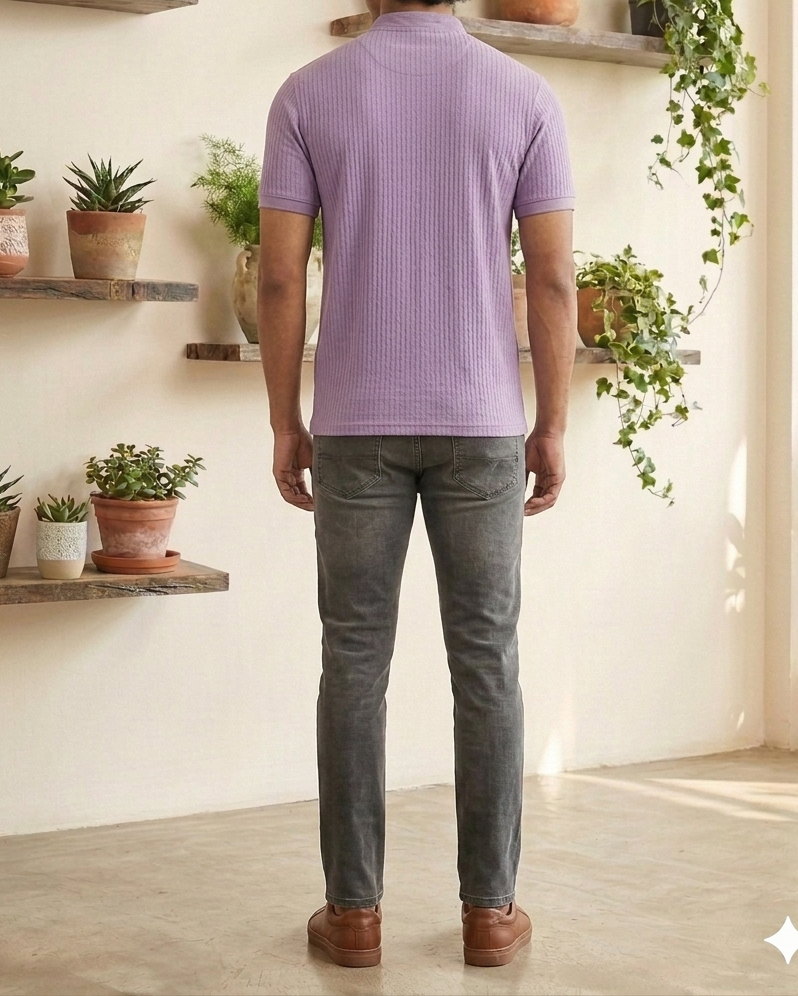 Men's Light Purple Vertical Textured Quarter-Zip T-Shirt – Slim Fit Casual Knit Tee