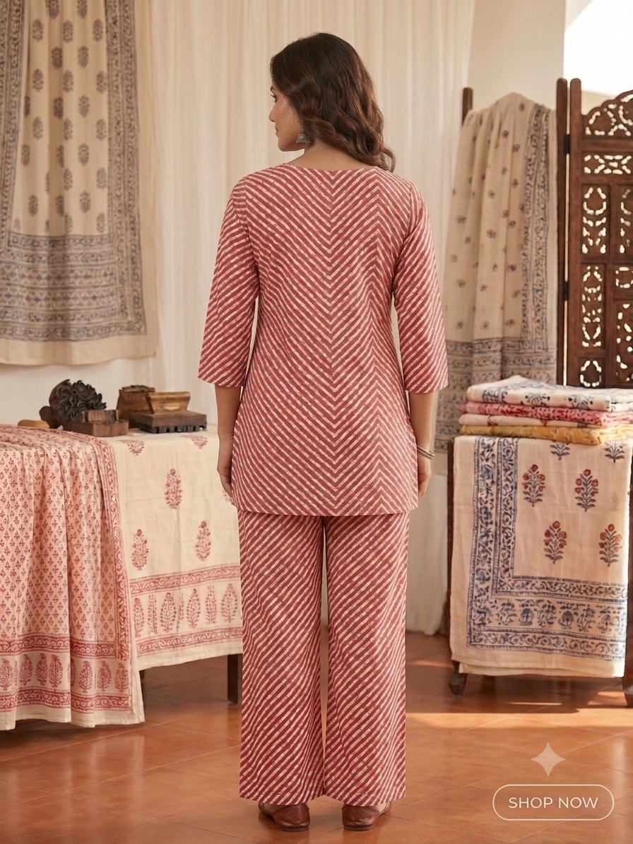 Women's Red & White cotton cord Set with Delicate Lace Detailing