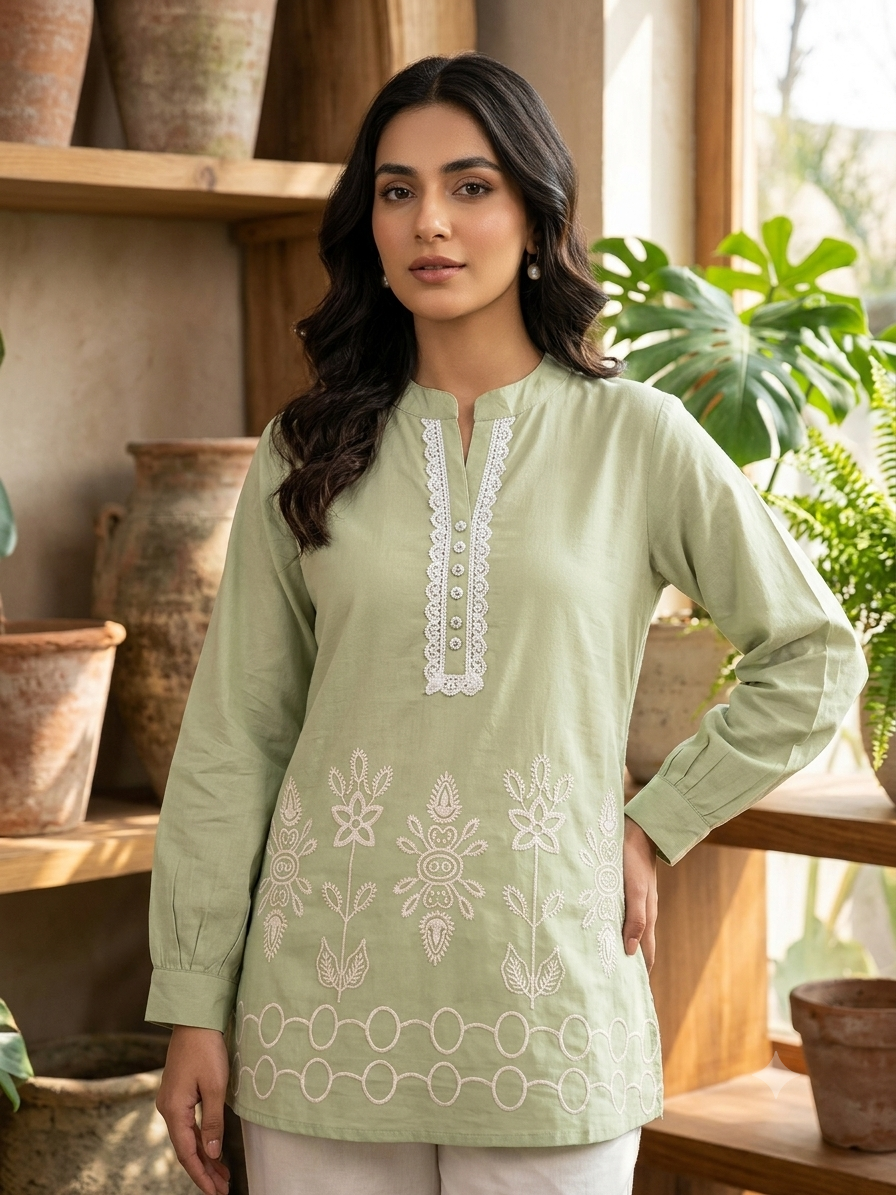 Embellished Embroidered Mandarin Collar Top