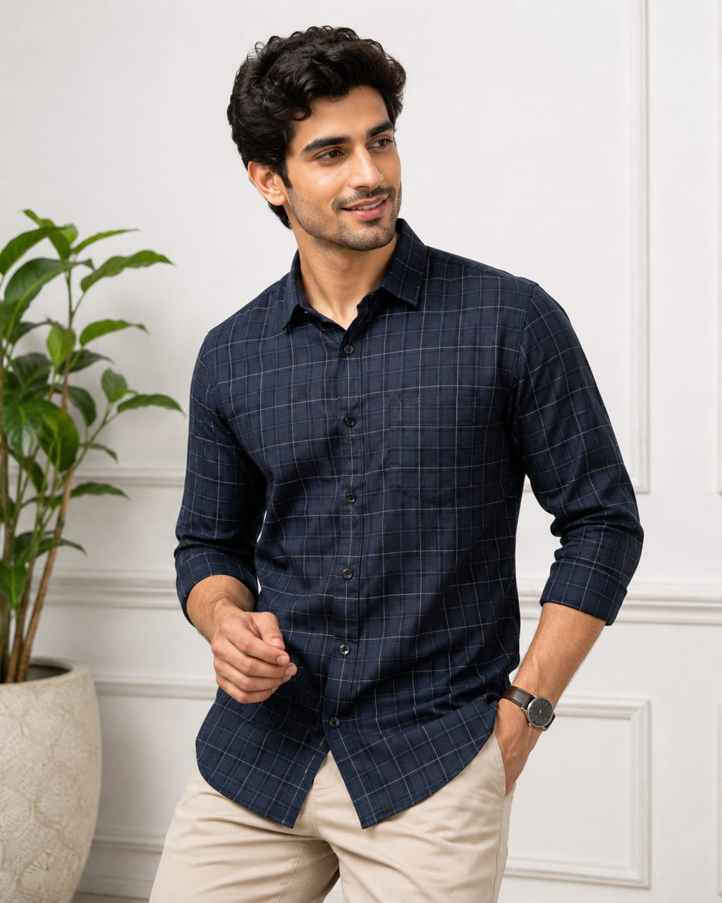Men's Checks Blue Cotton Shirt
