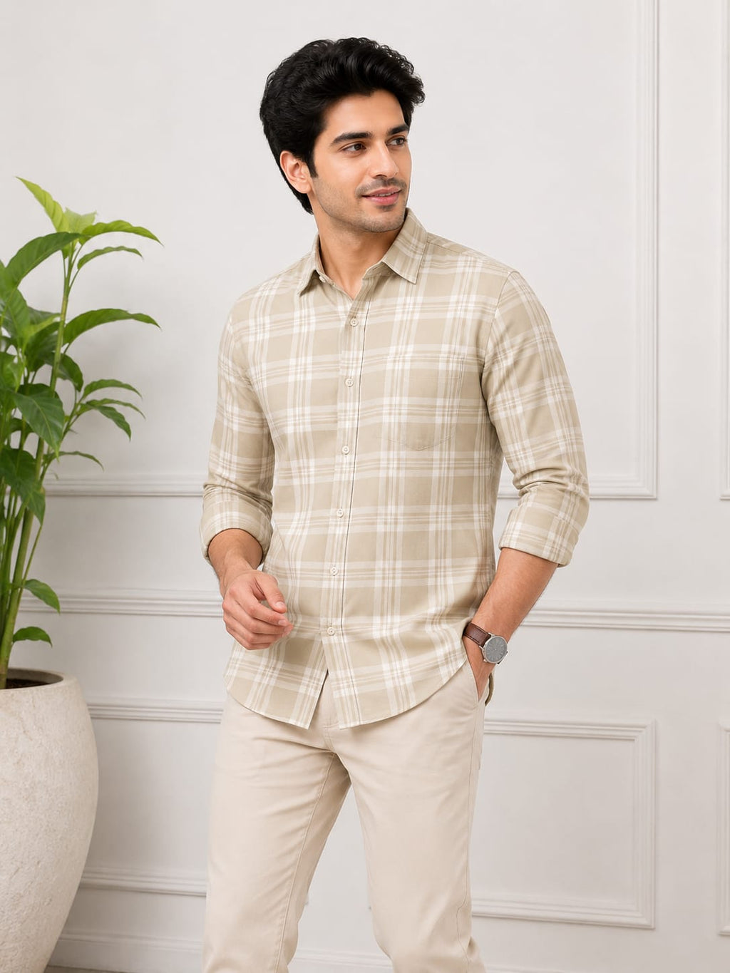 Men's Checks Cotton Shirt Light Green
