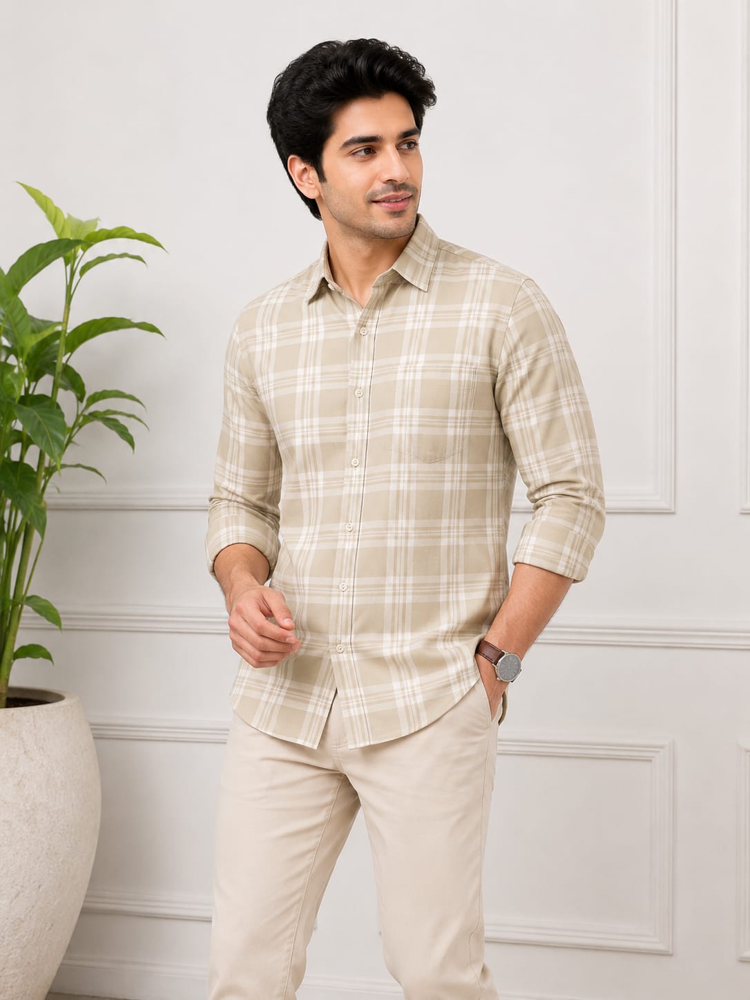 Men's Checks Cotton Shirt Light Green