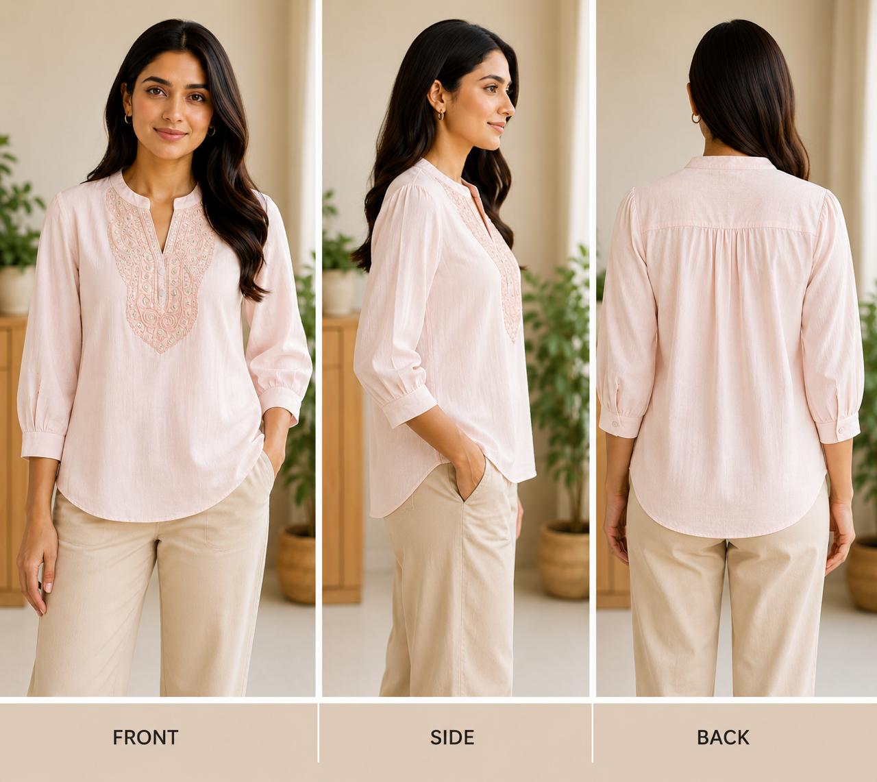 Women's Cotton Top High Neck With Thread Embroidery