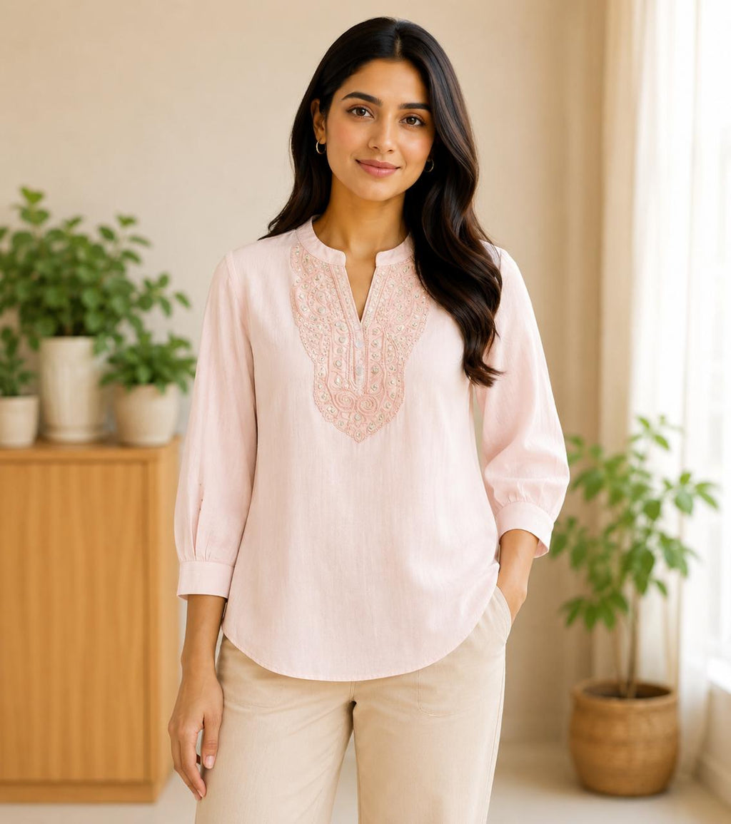 Women's Cotton Top High Neck With Thread Embroidery