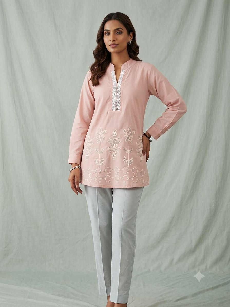 Embellished Embroidered Mandarin Collar Top