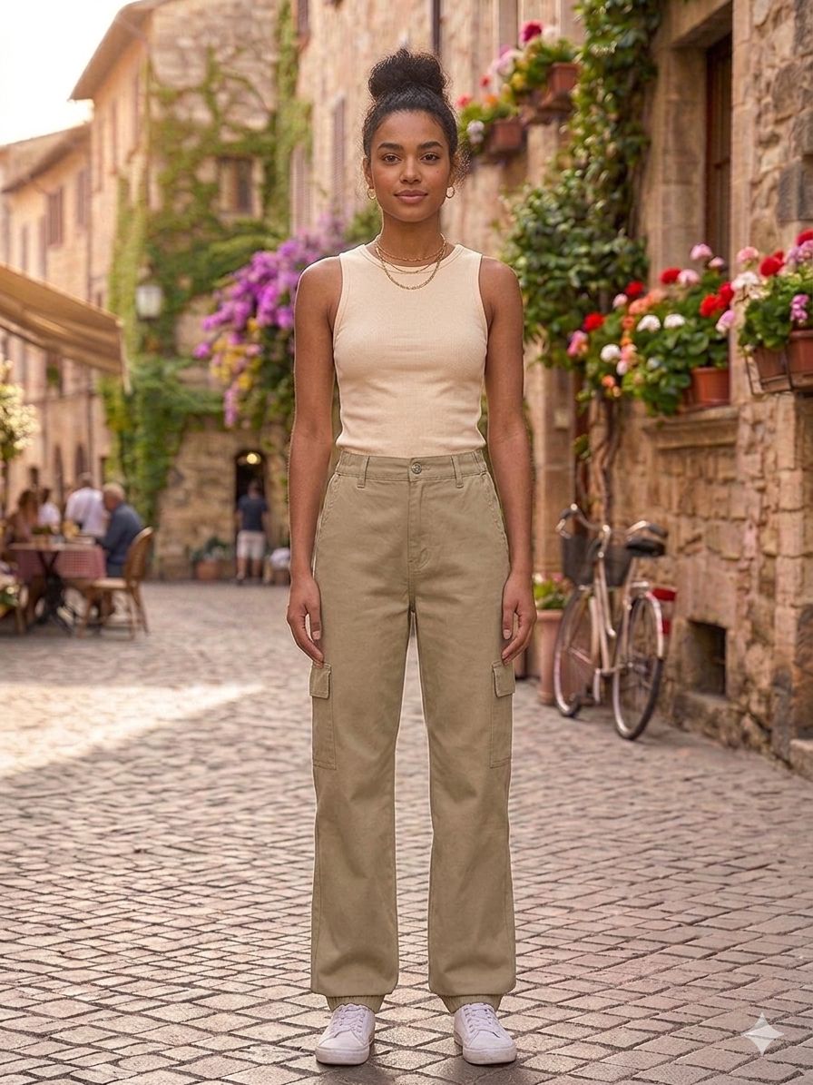 Women's High-Waisted Straight-Leg Cargo Pants – Khaki Twill Utility Trousers