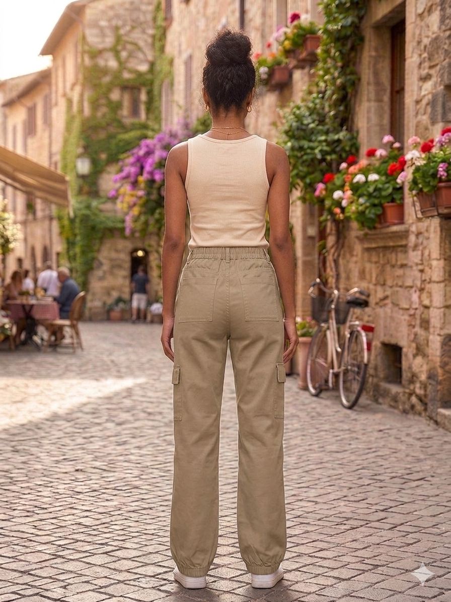 Women's High-Waisted Straight-Leg Cargo Pants – Khaki Twill Utility Trousers