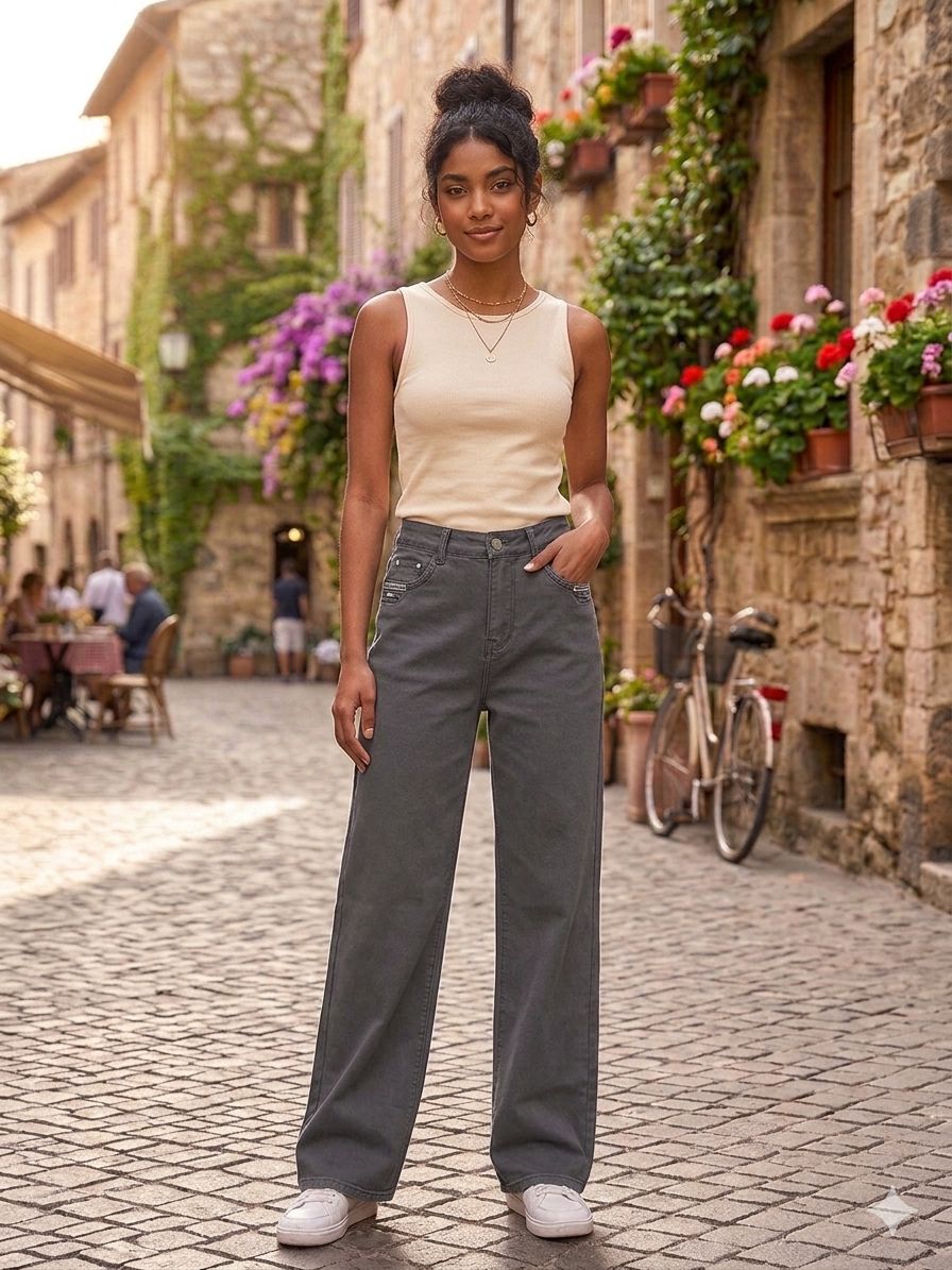 Women's High-Waisted Wide-Leg Jeans – Washed Charcoal Grey Denim Pants