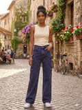 Women's High-Waisted Wide-Leg Cargo Jeans – Acid Wash Indigo Denim Trousers