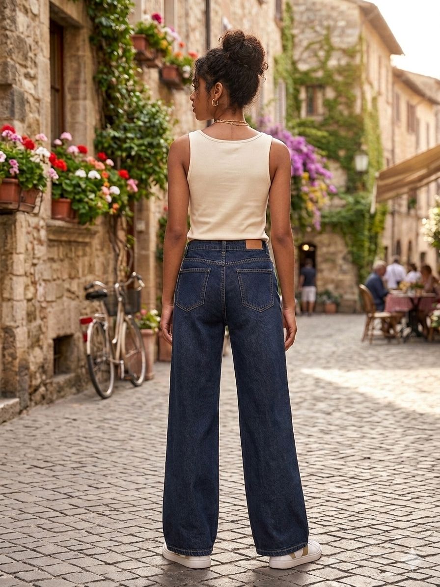 Women's High-Waisted Wide-Leg Jeans with Floral Embroidery – Dark Wash Denim