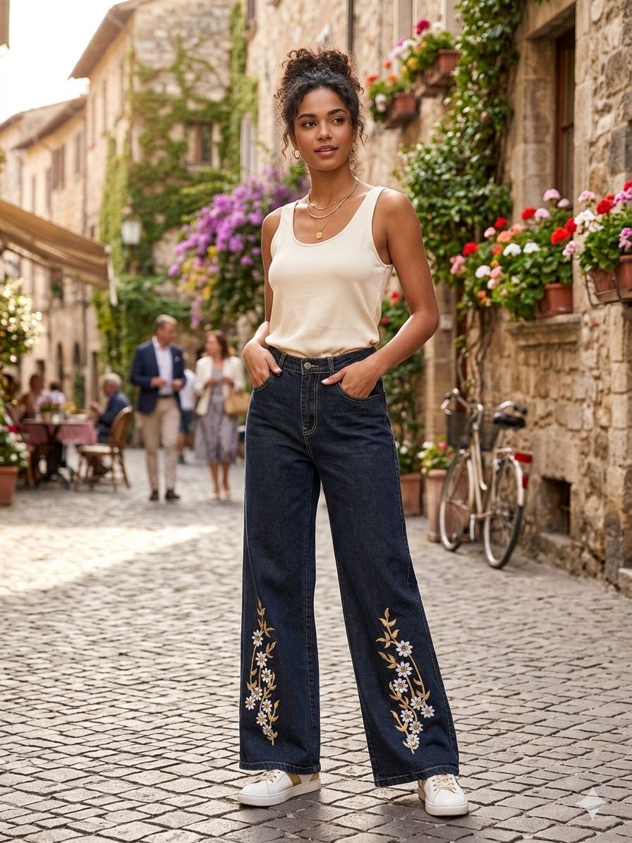 Women's High-Waisted Wide-Leg Jeans with Floral Embroidery – Dark Wash Denim