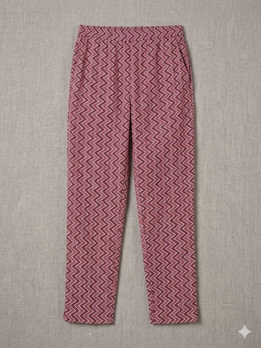 Women's Maroon Floral Cotton Co-ord Set – Matching Short Kurti with Zig-Zag Pattern Trousers
