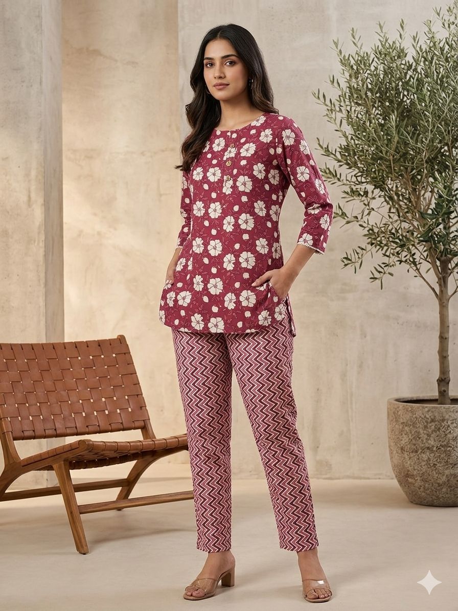 Women's Maroon Floral Cotton Co-ord Set – Matching Short Kurti with Zig-Zag Pattern Trousers
