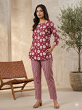 Women's Maroon Floral Cotton Co-ord Set – Matching Short Kurti with Zig-Zag Pattern Trousers