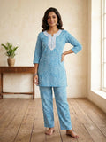 Women's Light Blue Shibori Print Cotton Co-ord Set – Short Kurti with White Lace Neckline and Matching Trousers
