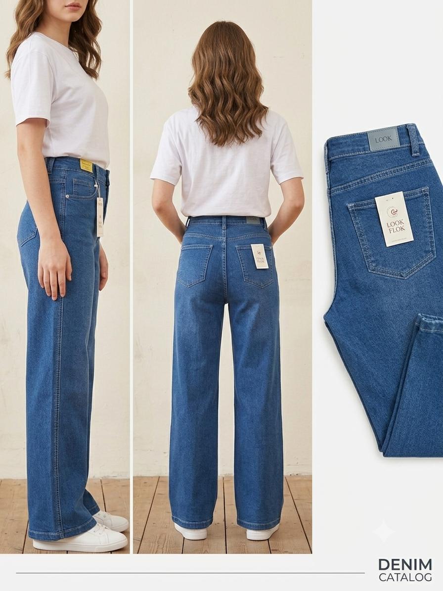 Women's High-Waisted Wide-Leg Denim Jeans – Classic Blue Relaxed Fit Straight Leg Trousers