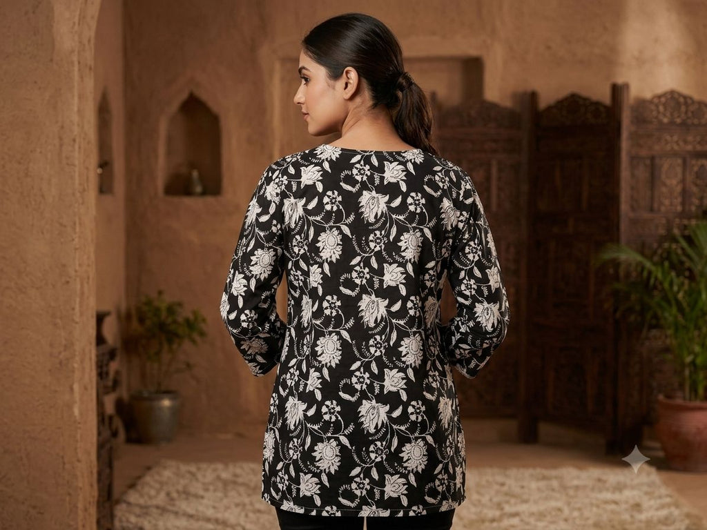 Women's Black Cotton Short Kurti – Floral Block Print Ethnic Tunic Top with Embroidered Neck & Tassel Detail