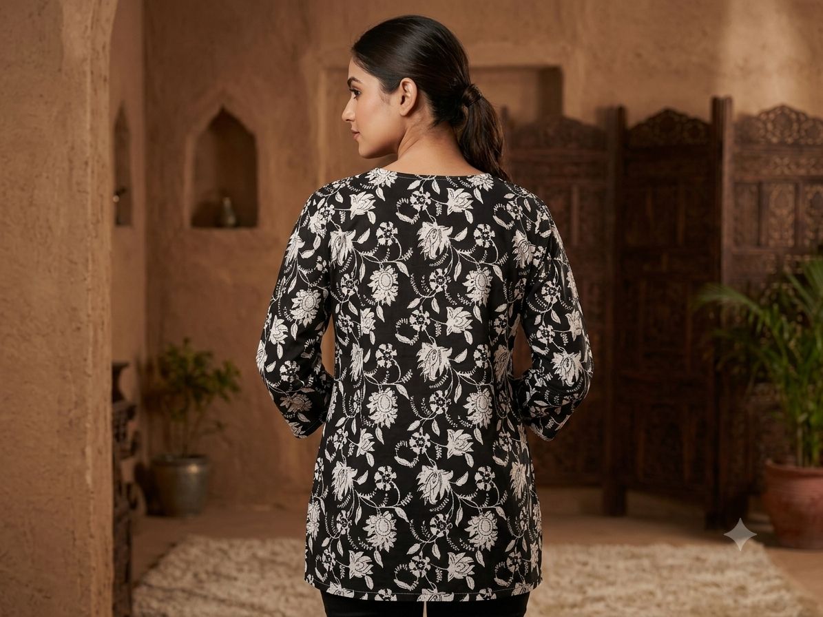 Women's Black Cotton Short Kurti – Floral Block Print Ethnic Tunic Top with Embroidered Neck & Tassel Detail