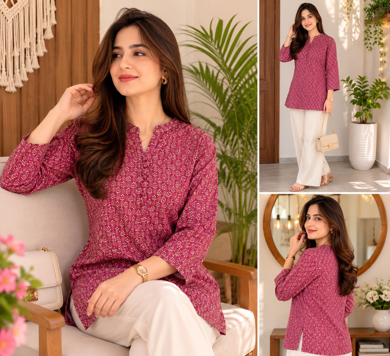 Women's Magenta Pink Cotton Short Kurti – Micro Ditsy Print Straight Tunic with Mandarin Collar & Fabric Buttons