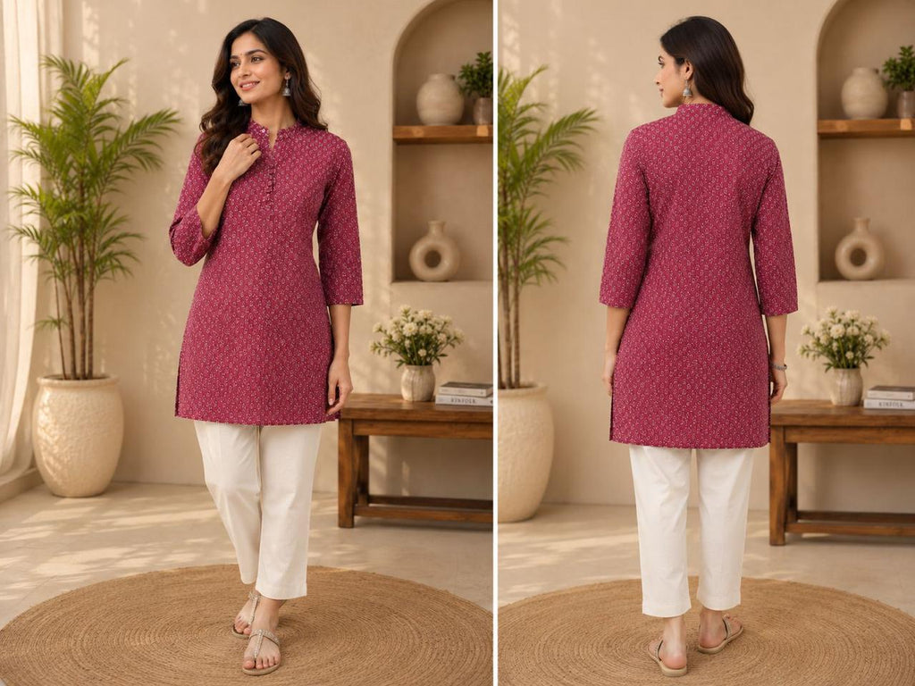 Women's Magenta Pink Cotton Short Kurti – Micro Ditsy Print Straight Tunic with Mandarin Collar & Fabric Buttons