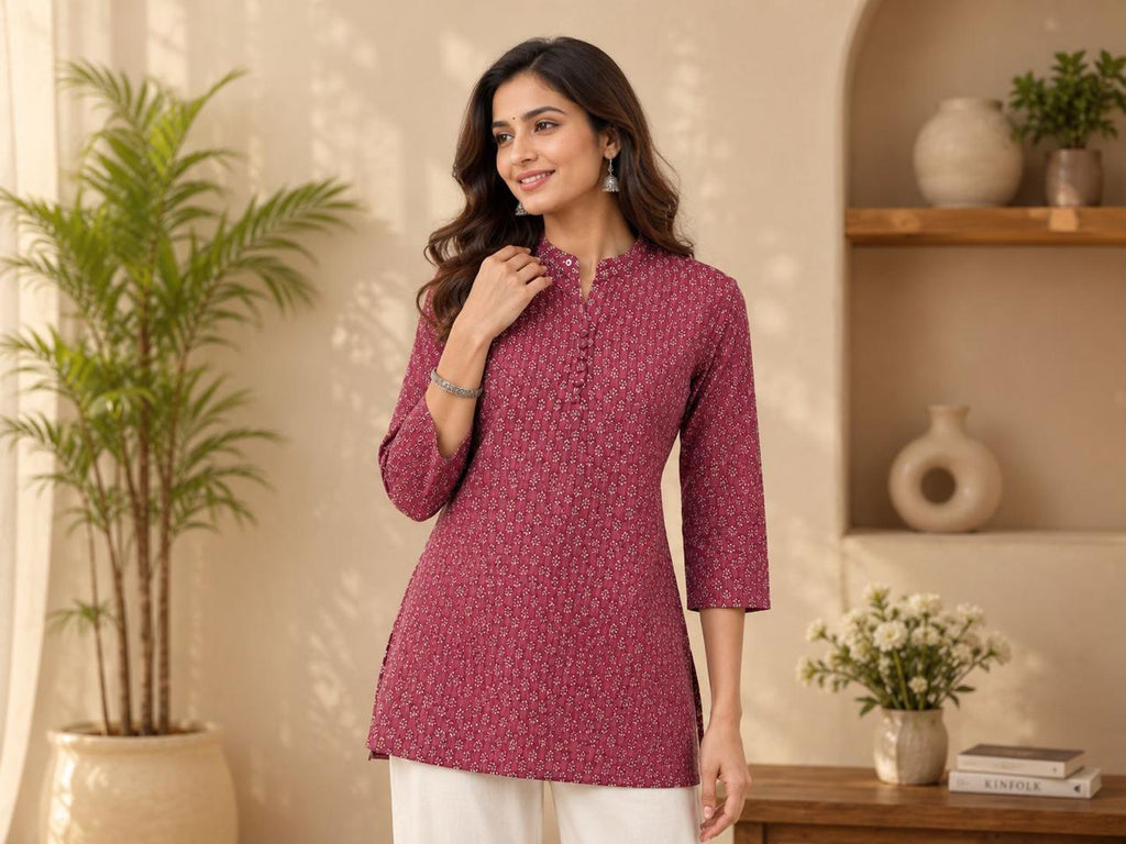 Women's Magenta Pink Cotton Short Kurti – Micro Ditsy Print Straight Tunic with Mandarin Collar & Fabric Buttons