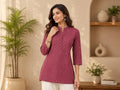 Women's Magenta Pink Cotton Short Kurti – Micro Ditsy Print Straight Tunic with Mandarin Collar & Fabric Buttons