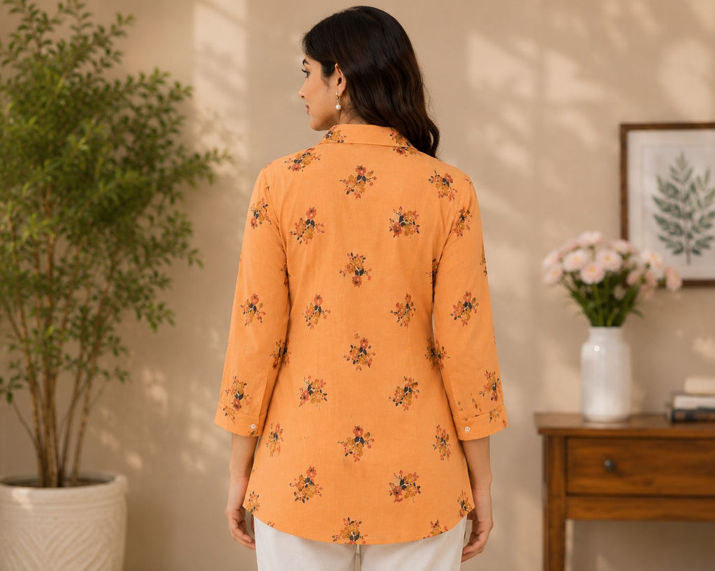 Women's Peach Orange Cotton Slub Shirt-Style Kurti – Floral Printed Short Tunic Top with Spread Colla