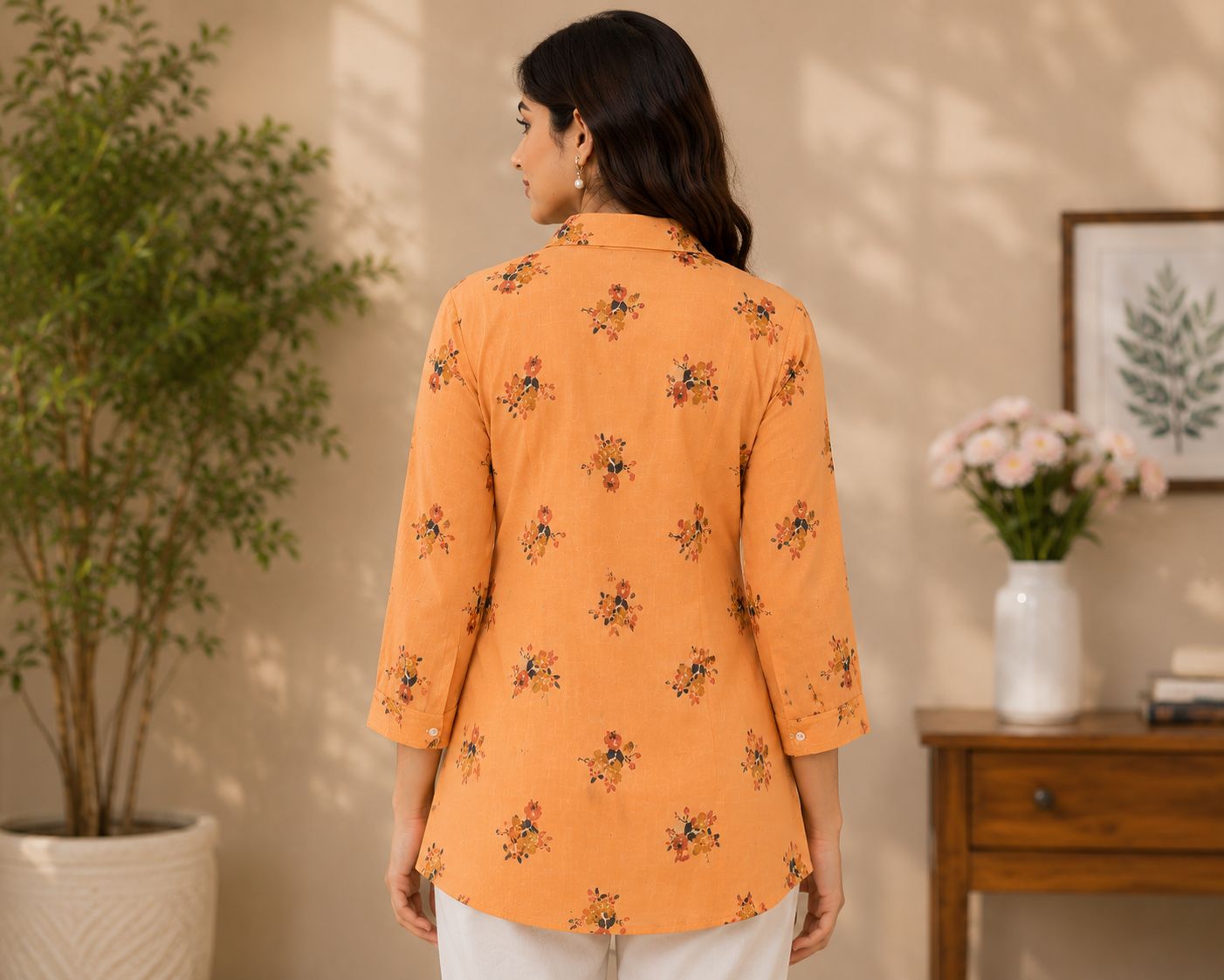 Women's Peach Orange Cotton Slub Shirt-Style Kurti – Floral Printed Short Tunic Top with Spread Colla