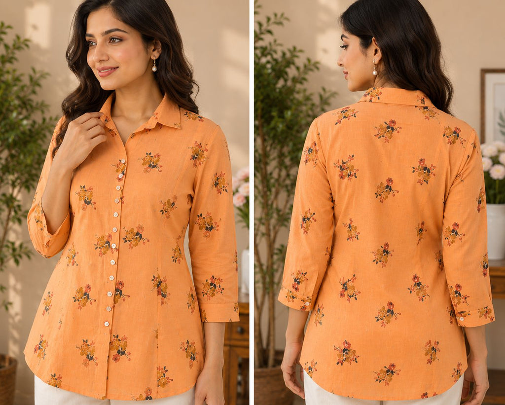 Women's Peach Orange Cotton Slub Shirt-Style Kurti – Floral Printed Short Tunic Top with Spread Colla