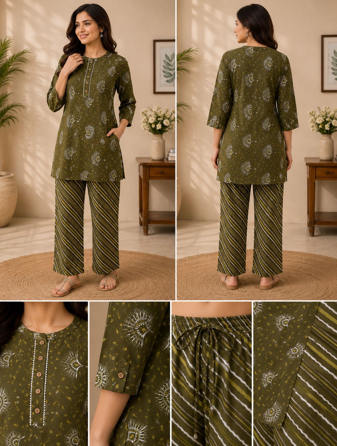 Women's Olive Green Cotton Co-Ord Set – Floral Printed Kurti Tunic with Leheriya Striped Pants