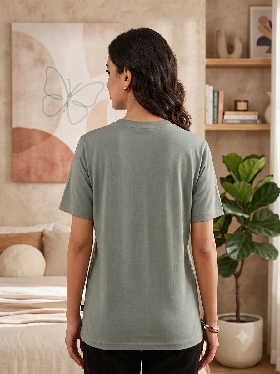 Women's Sage Green Cotton Oversized T-Shirt – Butterfly Graphic Printed Casual Tee with Typographic Detail
