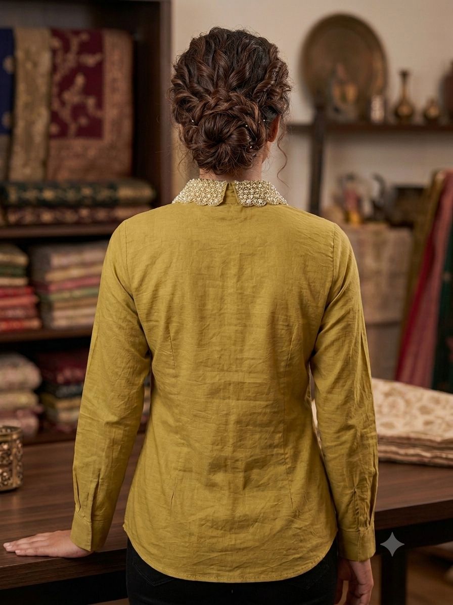 Women's Mustard Yellow Cotton Shirt – Full Sleeve Formal Tunic with Pearl-Embellished Peter Pan Collar