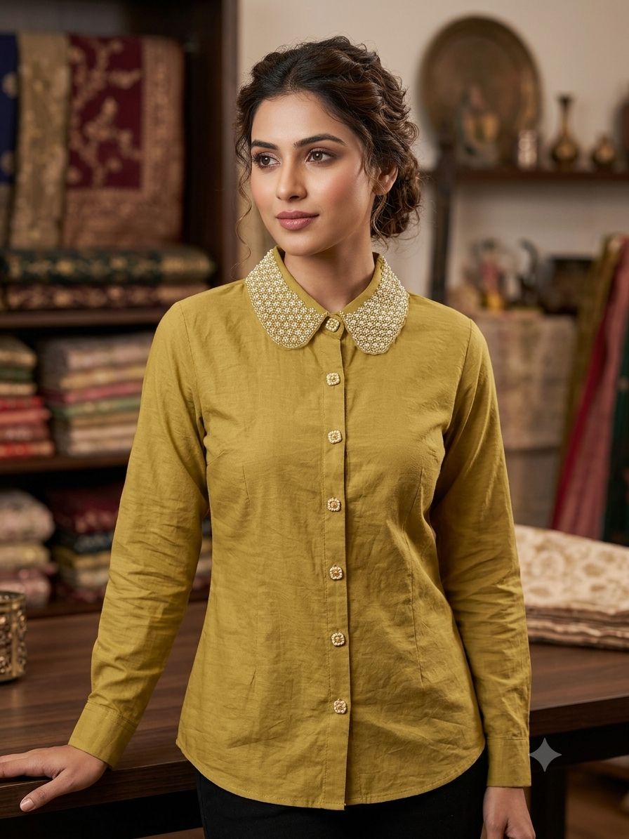 Women's Mustard Yellow Cotton Shirt – Full Sleeve Formal Tunic with Pearl-Embellished Peter Pan Collar