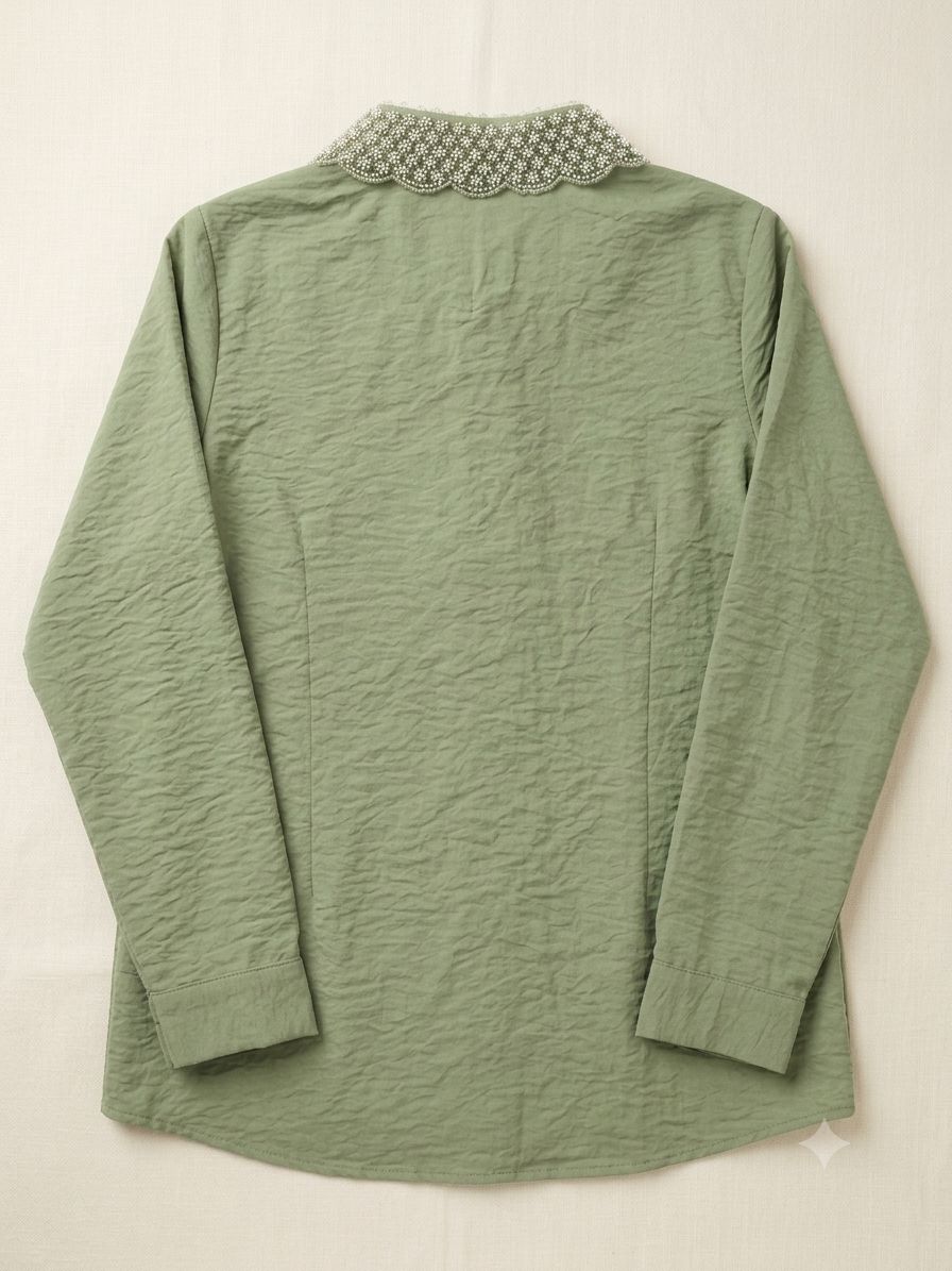 Women's pista green Cotton Shirt – Full Sleeve Formal Tunic with Pearl-Embellished Peter Pan Collar