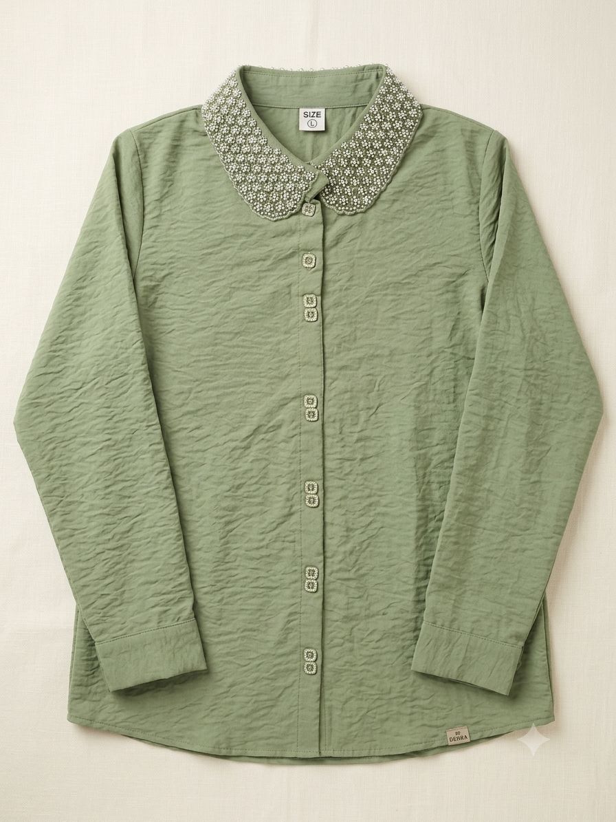 Women's pista green Cotton Shirt – Full Sleeve Formal Tunic with Pearl-Embellished Peter Pan Collar