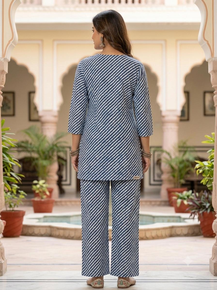 Women’s Indigo Blue Printed Cotton Co-ord Set with Embroidered Neckline