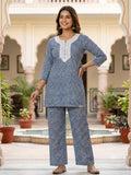 Women’s Indigo Blue Printed Cotton Co-ord Set with Embroidered Neckline
