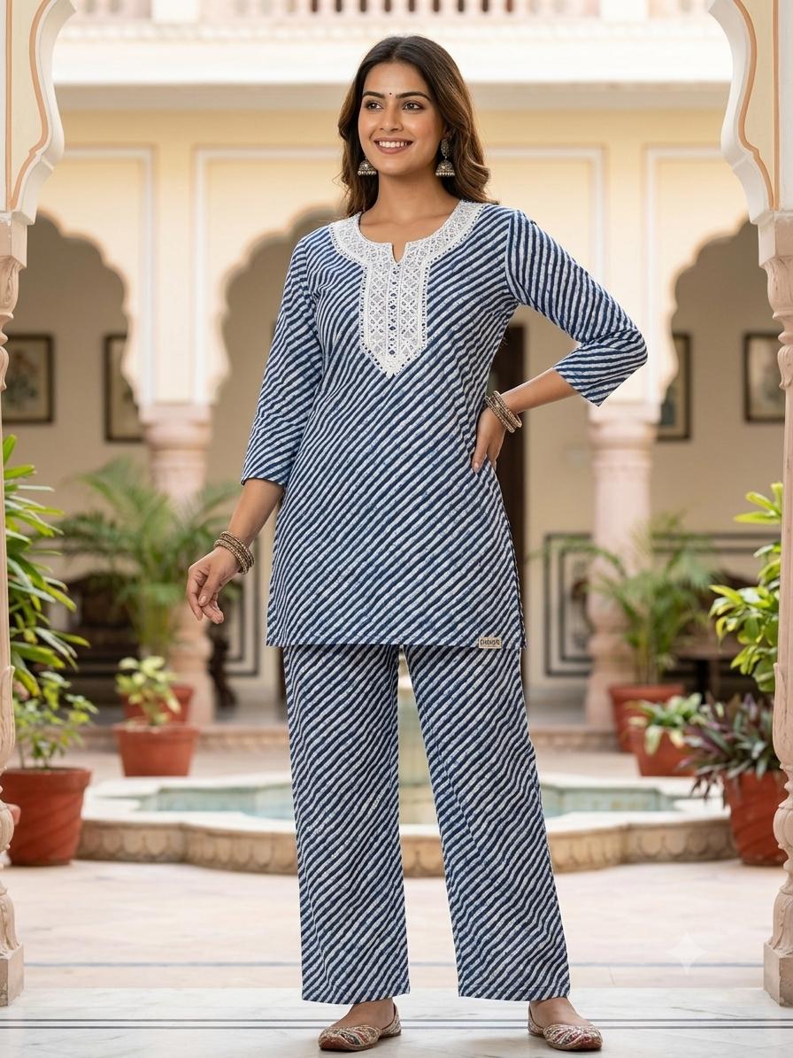 Women’s Indigo Blue Printed Cotton Co-ord Set with Embroidered Neckline